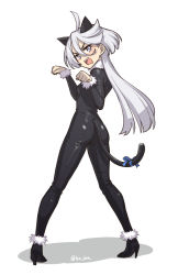 Rule 34 | 1girl, ahoge, alternate costume, angry, animal ears, black bodysuit, bodysuit, bow, commentary request, fake animal ears, fake tail, full body, fur collar, fur cuffs, grey eyes, grey hair, gundam, gundam suisei no majo, heebee, high heels, long hair, looking at viewer, miorine rembran, paw pose, shadow, skin tight, solo, swept bangs, tail, tail bow, tail ornament, teeth, twitter username, upper teeth only, white background