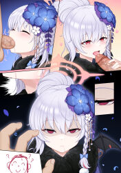 Rule 34 | 1boy, 1girl, absurdres, doodle sensei (blue archive), blue archive, blue bow, blush, bow, braid, closed eyes, closed mouth, commentary request, erection, fellatio, flower, fur collar, grey hair, hair between eyes, hair bow, hair bun, hair flower, hair ornament, halo, haruna (blue archive), haruna (new year) (blue archive), hetero, highres, jc shikikan, licking, licking penis, looking at viewer, open mouth, oral, penis, pov, pov hands, red eyes, sensei (blue archive), shaded face, single hair bun, testicles, tongue, tongue out, uncensored