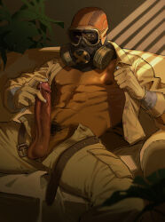 Rule 34 | 1boy, abs, absurdres, bara, bare pectorals, belt, check copyright, copyright request, dark-skinned male, dark skin, erection, feet out of frame, gas mask, hamzraider, highres, large pectorals, large penis, looking at viewer, male focus, male pubic hair, mask, muscular, muscular male, nipples, open clothes, open shirt, original, partially undressed, pectorals, penis, precum, pubic hair, sitting, solo, spread legs, window shadow
