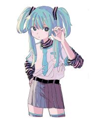 Rule 34 | 1girl, @ @, adapted costume, alternate hairstyle, belt, black belt, black stripes, blue eyes, blush, bright pupils, claw pose, closed mouth, commentary, cropped legs, expressionless, folded twintails, grey skirt, hair ornament, hand on own hip, hand up, hatsune miku, layered shirt, layered sleeves, long hair, long sleeves, looking at viewer, necktie print, pink shirt, pleated skirt, print shirt, sakadakei, shirt, shirt tucked in, short over long sleeves, short sleeves, simple background, skirt, solo, striped clothes, striped shirt, thighhighs, vocaloid, white background, white pupils