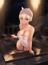 Rule 34 | 1girl, bathing, blonde hair, blue eyes, boku wa tomodachi ga sukunai, breasts, cait aron, cleavage, closed mouth, collarbone, commentary request, fence, highres, kashiwazaki sena, large breasts, long hair, looking at viewer, naked towel, night, nude, outdoors, smile, solo, standing, star (sky), steam, towel, towel on head, wading, water, wooden fence