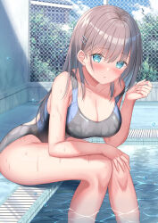 Rule 34 | 1girl, aqua eyes, black one-piece swimsuit, blue one-piece swimsuit, blush, breasts, cleavage, competition swimsuit, grey hair, hair ornament, hairclip, hand on own knee, highres, large breasts, leaning forward, long hair, looking at viewer, multicolored clothes, multicolored swimsuit, one-piece swimsuit, open mouth, original, outdoors, pool, poolside, shirakawako, soaking feet, solo, strap slip, swimsuit, two-tone swimsuit, water, wet, wet clothes, wet swimsuit