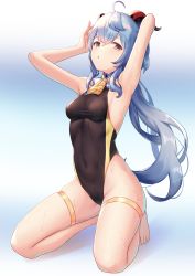 Rule 34 | 1girl, ahoge, airool, armpits, arms up, bare arms, bare shoulders, barefoot, black one-piece swimsuit, blue hair, breasts, competition swimsuit, covered navel, cowbell, ganyu (genshin impact), genshin impact, goat horns, highleg, highleg swimsuit, highres, horns, kneeling, long hair, looking at viewer, low ponytail, medium breasts, one-piece swimsuit, orange eyes, parted lips, skindentation, solo, swimsuit, taut clothes, taut swimsuit, thigh strap, thighs, wet, wet clothes, wet swimsuit