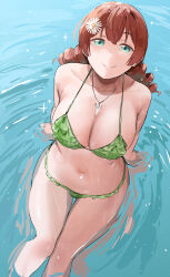 Rule 34 | 1girl, absurdres, arm support, bikini, blue eyes, breasts, brown hair, cleavage, closed mouth, drill hair, emma verde, flower, freckles, green bikini, hair flower, hair ornament, highres, jewelry, large breasts, long hair, looking at viewer, love live!, love live! nijigasaki high school idol club, navel, necklace, okpriko, sitting, smile, solo, swimsuit, twin drills, water, white flower