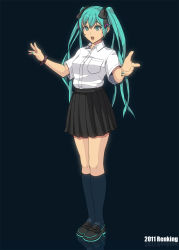 Rule 34 | 10s, 1girl, 2011, black background, bracelet, green eyes, green hair, hair ribbon, hatsune miku, highres, jewelry, kneehighs, long hair, matching hair/eyes, nail polish, open mouth, renking, ribbon, simple background, skirt, socks, solo, twintails, vocaloid