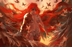 Rule 34 | 1girl, bug, butterfly, closed mouth, completely nude, cowboy shot, elden ring, insect, long hair, malenia blade of miquella, malenia goddess of rot, nude, prosthesis, prosthetic arm, red hair, scar, solo, spread wings, standing, very long hair, victor garcia