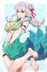 Rule 34 | 1girl, barefoot, batatata77, bikini, blue background, breasts, collarbone, commentary request, dress, earrings, eyelashes, fate/grand order, fate (series), feet, flower, frilled bikini, frills, full body, gradient dress, green bikini, green dress, hair flower, hair ornament, hair ribbon, highres, jewelry, kama (fate), kama (swimsuit avenger) (fate), kama (swimsuit avenger) (second ascension) (fate), large breasts, leaning back, legs, looking at viewer, looking back, nail polish, open mouth, patterned background, red eyes, ribbon, shiny skin, silver hair, soles, solo, spread toes, swimsuit, toenail polish, toenails, toes, white background