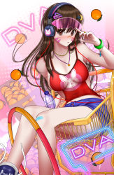 Rule 34 | 1girl, absurdres, adjusting goggles, animal print, bandaid, bandaid on face, bandaid on leg, bandaid on nose, bangle, bearwitch, blue shorts, blush, bottle, bracelet, breasts, brown eyes, brown hair, cable, cart, casual, character name, commentary, d.va (overwatch), denim, denim shorts, english commentary, facepaint, facial mark, fingernails, food, fruit, goggles, goggles on head, hair ornament, hairclip, headphones, highres, holding, hoop, hula hoop, impossible clothes, impossible shirt, index finger raised, jewelry, knees together feet apart, long hair, looking at viewer, medium breasts, midriff, nail polish, navel, necklace, open mouth, orange (fruit), overwatch, overwatch 1, pendant, pink background, purple nails, rabbit print, red shirt, shirt, shoelaces, shoes, short shorts, shorts, sideboob, sitting, sleeveless, solo, swept bangs, tank top, water bottle, whisker markings