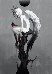 Rule 34 | 1other, androgynous, black hair, blood, blood on face, blood on feet, blood on hands, blue hair, blue wings, carriann000, colored extremities, colored tips, commentary, completely nude, dead animal, english commentary, feathered wings, floating hair, from side, grey wings, highres, hunched over, in tree, looking ahead, medium hair, monochrome, mouth hold, multicolored hair, multicolored wings, nude, original, profile, sitting, solo, spot color, streaked hair, tree, twitter username, white hair, white wings, wings