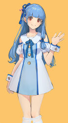 Rule 34 | 1girl, :&gt;, \||/, alternate costume, alternate hairstyle, arm at side, blue dress, blue hair, blue nails, blue ribbon, blush, buttoned cuffs, buttons, closed mouth, clothing cutout, collarbone, collared dress, commentary request, dress, feet out of frame, hair ornament, hair ribbon, hairclip, hand up, highres, kneehighs, kotonoha aoi, lace-trimmed socks, long hair, looking at viewer, orange background, puffy short sleeves, puffy sleeves, red eyes, ribbon, shirinda fureiru, short dress, short sleeves, shoulder cutout, simple background, single sidelock, smile, socks, solo, standing, two-tone dress, voiceroid, waving, white dress, white socks, wrist cuffs