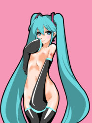 Rule 34 | 1girl, aqua eyes, aqua hair, bad id, bad pixiv id, black sleeves, black thighhighs, blush, breasts, breasts apart, covering privates, covering crotch, cowboy shot, detached sleeves, flat chest, hatsune miku, karakusa, karakusa (neko-8), long hair, nipples, nude, nude cover, number tattoo, pink background, simple background, sleeves past wrists, small breasts, solo, standing, tattoo, thighhighs, twintails, very long hair, vocaloid