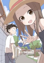 Rule 34 | 1girl, :d, absurdres, black camisole, black hair, blue pants, blue sky, brown eyes, brown hair, brown headwear, brown skirt, camisole, closed mouth, cloud, commentary request, day, forehead, hat, highres, house, karakai jouzu no takagi-san, long hair, looking at viewer, mountain, nishikata, official art, open mouth, outdoors, pants, parted bangs, pleated skirt, shirt, short sleeves, sketch, skirt, sky, smile, sun hat, takagi-san, tree, white shirt, yamamoto souichirou