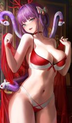 Rule 34 | 1girl, absurdres, bare arms, bare shoulders, bell, bikini, bow, breasts, choker, chrysa ( sa0ru), commentary, cowboy shot, fake antlers, fang, green eyes, hair bell, hair bow, hair ornament, hair rings, hairband, highres, large breasts, looking at viewer, lume sangria (chrysa), navel, open mouth, original, purple hair, red bikini, red choker, red hairband, short hair, snake, solo, standing, stomach, swimsuit, white bow