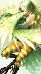 Rule 34 | 1girl, absurdres, bird legs, breasts, character name, clothes writing, doya (doya oekaki), feathered wings, feathers, full body, green feathers, green hair, green tank top, green wings, harpy, highres, light smile, long hair, looking at viewer, medium breasts, monet (one piece), monster girl, one piece, pantyhose, print tank top, solo, striped clothes, striped pantyhose, tank top, very long hair, winged arms, wings, yellow eyes