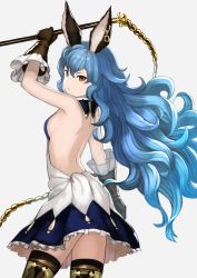 Rule 34 | 10s, 1girl, animal ears, back, bare shoulders, blue hair, breasts, brown gloves, brown hair, earrings, ferry (granblue fantasy), frills, from behind, frown, gloves, granblue fantasy, highres, holding, holding whip, jewelry, long hair, looking at viewer, simple background, skirt, small breasts, solo, standing, thighhighs, wasabi60, white background