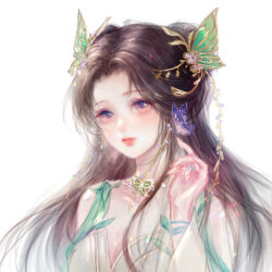 Rule 34 | 1girl, absurdres, baiguio (zhu xian), bare shoulders, blush, breasts, brown hair, bug, butterfly, butterfly necklace, closed mouth, hair ornament, hand up, highres, insect, jewelry, liang ye bu mian, long hair, long sleeves, medium breasts, necklace, pink eyes, second-party source, solo, upper body, white background