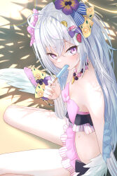 Rule 34 | 1girl, absurdres, azusa (blue archive), azusa (swimsuit) (blue archive), bikini, blue archive, cpk prd, eating, flower, food, frilled bikini, frills, hair between eyes, hair flower, hair ornament, halo, highres, jewelry, long hair, looking at viewer, low wings, navel, necklace, official alternate costume, popsicle, purple eyes, sand, sitting, solo, strapless, strapless bikini, swimsuit, wariza, white hair, white wings, wings