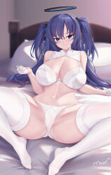 Rule 34 | 1girl, bare shoulders, bed, blue archive, blush, bra, breasts, cameltoe, cleavage, gloves, hair ornament, half gloves, halo, highres, large breasts, long hair, looking at viewer, lying, mrnn, navel, on back, on bed, panties, pillow, purple eyes, purple hair, sidelocks, smile, solo, spread legs, thighhighs, two side up, underwear, white bra, white gloves, white panties, white thighhighs, yuuka (blue archive)