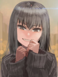 Rule 34 | 1girl, bad id, bad pixiv id, black eyes, black hair, clenched hands, furukawa herzer, grin, hands up, head tilt, highres, lens flare, long hair, looking at viewer, original, portrait, ribbed sweater, sketch, sleeves past wrists, smile, smug, solo, sweater