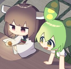 Rule 34 | + +, 2girls, ahoge, blade, blush, brown hair, chibi, commentary, figure, from above, glowing, gold, hands on table, headgear, highres, holding, indoors, japanese clothes, kimono, konohoshi, leaning forward, long hair, long sleeves, looking at object, low ponytail, multiple girls, obi, open mouth, pink eyes, puffy short sleeves, puffy sleeves, sash, shirt, short sleeves, smile, smirk, sparkle, suspenders, symbol-only commentary, table, tatami, touhoku kiritan, twintails, voiceroid, voicevox, white kimono, white shirt, wide sleeves, yellow eyes, yuzuki yukari, zundamon