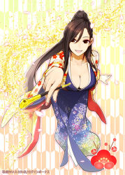Rule 34 | 1girl, breasts, brown eyes, brown hair, character request, cherry blossoms, cleavage, collarbone, copyright name, eyeshadow, facing viewer, fingernails, floral print, foreshortening, high ponytail, highres, japanese clothes, kimono, kiseru, large breasts, leaning forward, lips, long hair, makeup, nail art, nail polish, open mouth, petals, poaro, ponytail, reaching, reaching towards viewer, red nails, sengoku wars, smile, smoking pipe, solo, yagasuri