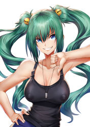 Rule 34 | 1girl, :d, aqua hair, arm up, armpits, bell, black tank top, blue eyes, breasts, cleavage, collarbone, covered erect nipples, cui yifei, dog tags, grin, hair bell, hair ornament, hand on own hip, jingle bell, kengzeta, large breasts, lips, long hair, muv-luv, muv-luv alternative, muv-luv total eclipse, open mouth, simple background, smile, solo, tank top, teeth, thumbs down, twintails, upper body, v-shaped eyebrows, very long hair, white background