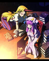 Rule 34 | 2girls, :&lt;, all fours, armchair, blonde hair, blunt bangs, book, breasts, chair, crescent, crescent hat ornament, female focus, frown, hanging breasts, hat, hat ornament, horns, hoshiguma yuugi, impossible clothes, impossible shirt, large breasts, letterboxed, long hair, multiple girls, nekomamire, patchouli knowledge, photoshop (medium), purple eyes, purple hair, red eyes, shirt, single horn, sitting, table, touhou, v arms