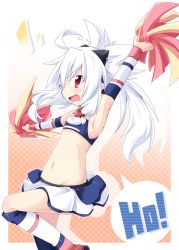 Rule 34 | 1girl, ahoge, armpits, blush, cheerleader, flat chest, horns, long hair, midriff, navel, open mouth, original, outstretched arms, pointy ears, pom pom (cheerleading), ponytail, red eyes, reku, shiroko (reku), skirt, solo, white hair
