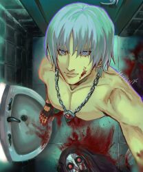 Rule 34 | 1boy, absurdres, aged down, bathroom, blood, blood on face, blood on hands, blue eyes, dante (devil may cry), devil may cry, devil may cry (series), devil may cry 3, fingerless gloves, gloves, highres, holding, ifa (hifchn), long hair, looking at viewer, male focus, smile, solo, white hair