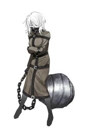 Rule 34 | 1girl, ball and chain (weapon), blue eyes, brown coat, chain, coat, e.g.o (project moon), faust (project moon), forsaken murderer, highres, ivy (675671), library of ruina, limbus company, looking at viewer, project moon, short hair, solo, standing, straitjacket, white hair