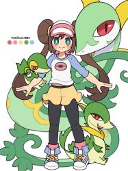 Rule 34 | 1girl, aqua eyes, black pantyhose, blue footwear, blue shirt, brown hair, colored skin, commentary request, creatures (company), cross-laced footwear, dot nose, double bun, doughnut hair bun, evolutionary line, full body, game freak, gen 5 pokemon, green skin, hair bun, highres, kokashiho, long hair, nintendo, outstretched arms, pants, pants under skirt, pantyhose, poke ball print, pokemon, pokemon (creature), pokemon bw2, pokemon on arm, red eyes, serperior, servine, shirt, shoes, simple background, skirt, slit pupils, smile, snake, snivy, standing, tail, twintails, two-tone shirt, visor cap, white background, white shirt, yellow skirt