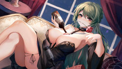 Rule 34 | 1girl, absurdres, azur lane, bare legs, bare shoulders, between breasts, black dress, bottle, breasts, chain, cleavage, commentary request, crossed legs, curtains, detached sleeves, dress, feet out of frame, flower, flower in mouth, green hair, hair between eyes, highres, holding, holding bottle, indoors, large breasts, littorio (azur lane), littorio (calabria aurea) (azur lane), long hair, looking at viewer, mouth hold, official alternate costume, pouring, pouring onto self, red eyes, red flower, red rose, rose, shiro kanae, sitting, solo, very long hair, window