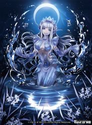 Rule 34 | 1girl, blue eyes, center opening, colored skin, copyright name, crown, curly hair, fins, flower, force of will, grass, grey hair, grey skin, hair flower, hair ornament, head fins, long hair, matsurika youko, midriff, moon, navel, night, night sky, official art, sky, solo, tattoo, water