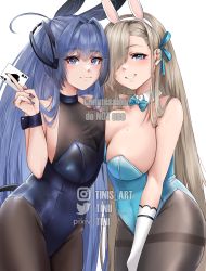 Rule 34 | 2girls, :3, absurdres, animal ears, aqua leotard, arm strap, asuna (blue archive), asuna (bunny) (blue archive), azur lane, blue archive, blue bow, blue bowtie, blue eyes, bodystocking, bow, bowtie, breast press, breasts, brown pantyhose, card, cleavage, crossover, detached collar, fake animal ears, gloves, hair over one eye, highleg, highleg leotard, highres, holding, holding card, large breasts, leotard, light brown hair, long hair, looking at viewer, mole, mole on breast, multiple girls, new jersey (azur lane), new jersey (exhilarating steps!) (azur lane), official alternate costume, pantyhose, playboy bunny, playing card, purple eyes, purple hair, purple leotard, rabbit ears, see-through, see-through cleavage, simple background, smile, strapless, strapless leotard, symmetrical docking, teeth, thighband pantyhose, tini, traditional bowtie, very long hair, watermark, white background, white gloves