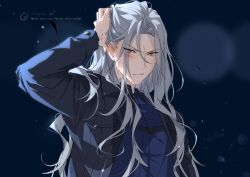 Rule 34 | 1boy, chinese commentary, collared shirt, commentary request, ensemble stars!, grey hair, hand in own hair, highres, long hair, male focus, parted lips, ran nagisa, red eyes, rrr (reason), shirt, solo, upper body, very long hair, watermark