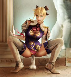 Rule 34 | 1girl, armor, black bow, blonde hair, boots, bow, breasts, cassandra alexandra, cleavage cutout, clitoris, clothing aside, clothing cutout, dildo, dildo riding, dress, female focus, full body, green eyes, hair bow, hair ornament, highres, lips, looking at viewer, medium breasts, mrstranger, object insertion, panties, panties aside, parted lips, pink panties, pussy, sex toy, shirt, shoulder pads, sleeveless, sleeveless shirt, solo, soul calibur, spread legs, squatting, thigh boots, thighhighs, uncensored, underwear, vaginal, vaginal object insertion