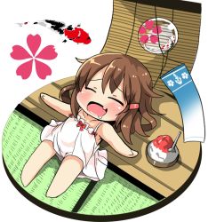 Rule 34 | 10s, 1girl, alternate costume, anchor symbol, blush, bowl, brown hair, chibi, closed eyes, commentary request, dress, drooling, fang, flower (symbol), food, hair ornament, hairclip, highres, hot, ikazuchi (kancolle), kantai collection, koi, lying, mouth drool, on back, open mouth, oshiruko (uminekotei), outstretched arms, shaved ice, short hair, skin fang, sleeveless, sleeveless dress, solo, spoon, summer, sundress, tatami, white background, wind chime, wooden floor