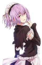 Rule 34 | 1girl, alternate costume, alternate hairstyle, apron, black dress, commentary request, detached sleeves, dress, enmaided, eyes visible through hair, frilled apron, frills, gridman universe, hair between eyes, hand to own mouth, light purple hair, long sleeves, looking at viewer, looking back, maid, maid apron, maid headdress, parted lips, pink eyes, shinjou akane, short hair, simple background, solo, ssss.gridman, ueda metawo, waist apron, white apron, white background