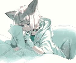 Rule 34 | 1girl, animal ears, arknights, black choker, chair, choker, coat, commentary, fox ears, fox girl, fox tail, frown, gloves, green shirt, grey eyes, half-closed eyes, highres, holding, holding paper, holding pen, hood, hooded coat, horoda (user wfaw4827), leaning forward, light brown hair, material growth, oripathy lesion (arknights), paper, pen, reading, shirt, short hair, simple background, sitting, sketch, solo, sussurro (arknights), tail, upper body, white background, white coat, white gloves