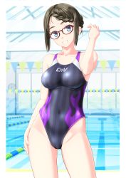 Rule 34 | 1girl, absurdres, black hair, black one-piece swimsuit, blue eyes, breasts, clothes writing, collarbone, competition swimsuit, contrapposto, female focus, flame print, glasses, grin, groin, highres, indoors, lane line, long hair, medium breasts, one-piece swimsuit, original, pool, sidelocks, smile, solo, string of flags, striped clothes, striped one-piece swimsuit, swimsuit, takafumi