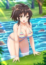 Rule 34 | 10s, 1girl, :d, arm support, asuka (senran kagura), bare shoulders, bikini, blurry, blush, breasts, brown hair, cleavage, collarbone, commission, depth of field, derivative work, female focus, front-tie bikini top, front-tie top, hair ribbon, highres, kazenokaze, large breasts, leaning forward, light rays, long hair, looking at viewer, open mouth, ponytail, ribbon, river, rock, senran kagura, shiny skin, side-tie bikini bottom, smile, solo, sparkle, standing, striped bikini, striped clothes, sunbeam, sunlight, swimsuit, tareme, tree, wading, water, water drop, wet, white ribbon, yellow eyes