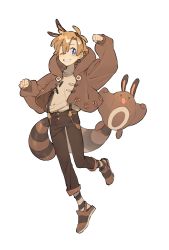 Rule 34 | 1boy, blush, brown footwear, brown hair, brown pants, clenched hands, collarbone, commentary request, creature and personification, creatures (company), full body, game freak, gen 2 pokemon, grey eyes, grin, hair between eyes, highres, hood, hood down, hooded jacket, jacket, male focus, nintendo, one eye closed, pants, paw pose, pokemon, pokemon (creature), rata (m40929), sentret, shirt, shoes, smile, suspenders