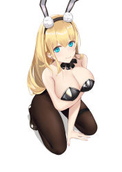 Rule 34 | 1girl, absurdres, animal ears, ascot, azur lane, black ascot, black leotard, black pantyhose, blonde hair, blue eyes, breasts, cleavage, fake animal ears, highres, large breasts, leotard, long hair, looking at viewer, north carolina (azur lane), north carolina (the heart&#039;s desire) (azur lane), official alternate costume, pantyhose, playboy bunny, qing-yu, rabbit ears, simple background, solo, strapless, strapless leotard, white background, wrist cuffs