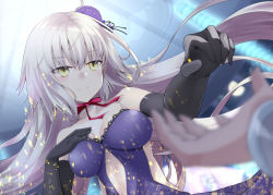 Rule 34 | 1girl, bare shoulders, black gloves, breasts, cleavage, closed mouth, dress, elbow gloves, fate/grand order, fate (series), gloves, hair ornament, jeanne d&#039;arc (fate), jeanne d&#039;arc alter (avenger) (fate), jeanne d&#039;arc alter (fate), long hair, medium breasts, neck ribbon, official alternate costume, purple dress, red ribbon, ribbon, shirosuzu, silver hair, smile, solo, very long hair, yellow eyes