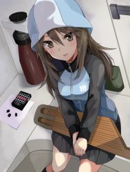 Rule 34 | 10s, 1girl, :d, bad id, bad pixiv id, blue hat, blue jacket, blush, brown eyes, brown hair, candy, commentary request, eyebrows, food, from above, girls und panzer, gomashi (goma), hair between eyes, hat, highres, indoors, instrument, jacket, kantele, long hair, long sleeves, looking at viewer, mika (girls und panzer), open mouth, own hands together, pleated skirt, salmiakki, sitting, skirt, smile, solo, track jacket, v arms