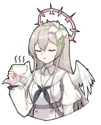 Rule 34 | 1girl, angel wings, black neckerchief, blue archive, braid, closed mouth, cropped torso, cup, dress, closed eyes, facing viewer, feathered wings, flower, hair flower, hair ornament, halo, highres, holding, holding cup, light brown hair, long hair, long sleeves, miyami (sirukasiruka), nagisa (blue archive), neckerchief, sailor collar, simple background, solo, teacup, upper body, white background, white dress, white sailor collar, white wings, wings