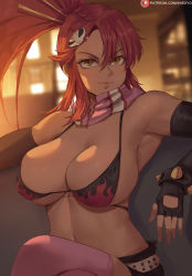 Rule 34 | 1girl, artist name, bare shoulders, belt, bikini, bikini top only, black bikini, black gloves, black shorts, blurry, blurry background, bracelet, breasts, brown eyes, cleavage, commentary, elbow gloves, fingerless gloves, flame print, gloves, hair ornament, highres, indoors, jewelry, large breasts, long hair, looking at viewer, navel, paid reward available, patreon logo, patreon username, pink scarf, pink thighhighs, ponytail, print bikini, red hair, scarf, shexyo, short shorts, shorts, skull hair ornament, solo, spiked bracelet, spikes, striped clothes, striped scarf, studded belt, swimsuit, tengen toppa gurren lagann, thighhighs, thighs, watermark, web address, white belt, yoko littner