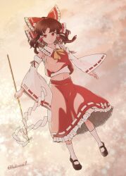 Rule 34 | 1girl, arms up, bare shoulders, bow, bowtie, breasts, closed mouth, commentary request, detached sleeves, dutch angle, eyebrows hidden by hair, floral print, frilled shirt collar, frills, full body, gohei, hair bow, hair tubes, hakurei reimu, highres, holding, holding stick, kakera (comona base), light smile, mary janes, medium breasts, midriff, navel, outdoors, overcast, petticoat, red bow, red skirt, red vest, shoes, skirt, sky, socks, solo, stick, touhou, vest, white socks, wide sleeves, yellow bow, yellow bowtie