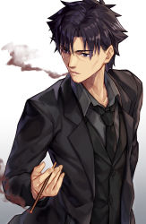 Rule 34 | 1boy, between fingers, black eyes, black hair, black jacket, black neckwear, black shirt, cheekbones, collared shirt, commentary request, emiya kiritsugu, facial hair, fate/zero, fate (series), food, formal, gradient background, highres, holding, holding food, jacket, katoroku, long sleeves, looking away, looking to the side, male focus, necktie, open clothes, open jacket, pocky, shirt, smoke, smoking, stubble, suit, upper body, white background, wing collar