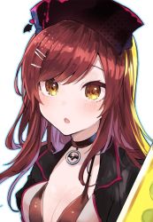 Rule 34 | 1girl, bikini, black choker, black jacket, blue outline, blush, breasts, brown bikini, brown eyes, choker, cleavage, hair ornament, hairclip, hat, ikeuchi tanuma, jacket, long hair, looking at viewer, open clothes, open jacket, original, osaki amana, outline, parted lips, red hair, simple background, solo, swimsuit, upper body, white background